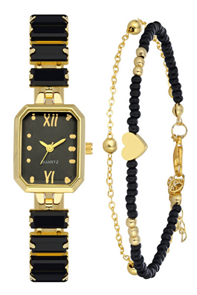 Forentina Siyah Baget Taşlı Gold Renk Kol Saati-Çift Zincir Kalpli Bileklik P...