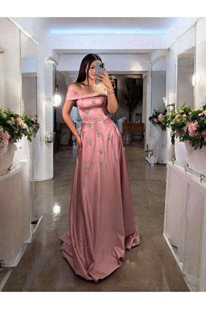 OLA Madonna Zirkon Taşlı Saten Pembe Renk Abiye Elbise