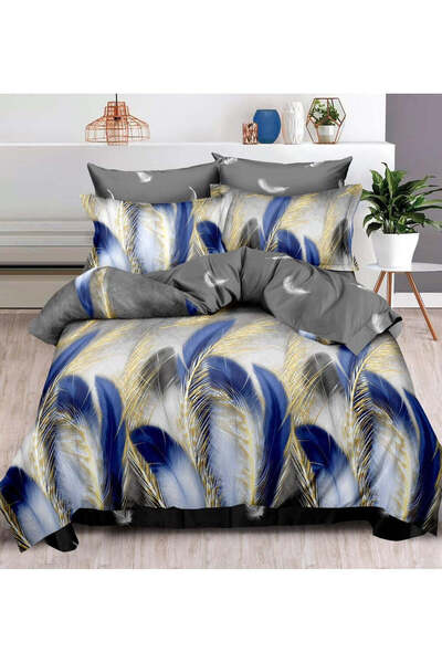 trendyhome Finet Cotton Fitted Bedding Set 6 Pieces - Feather Pattern, Blue, T165