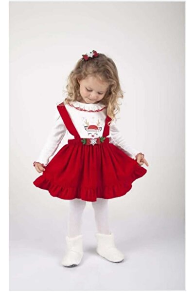 bubiee baby Kız Çocuk Tokalı Fitilli Badi Kar Ve Geyik Temalı Yılbaşı Yeni Yıl Konsept Salopet Elbise