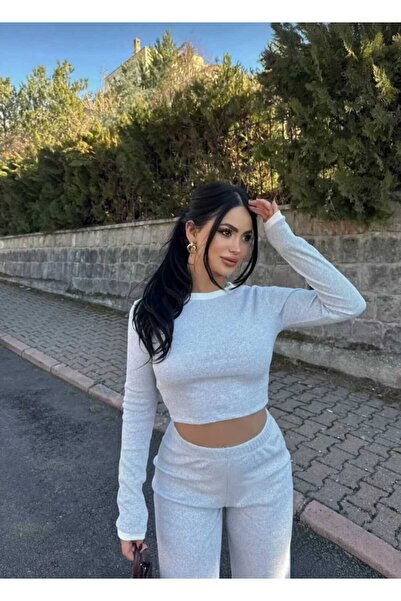 albaroda Women's Gray Piped Detail Long Sleeve Blouse & Wide Leg Pants Bottom...