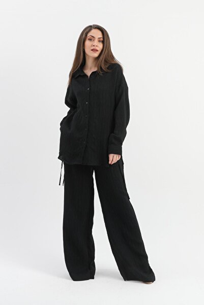 VELİZADE قميص كونفور موديل قصة فضفاضة أسود اللون من قماش الفسكوز ذو الأربطة ا...