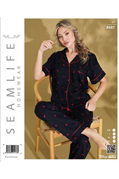 seamlife Set de pijamale pentru femei, cu mâneci scurte, cu nasturi în față, S-M