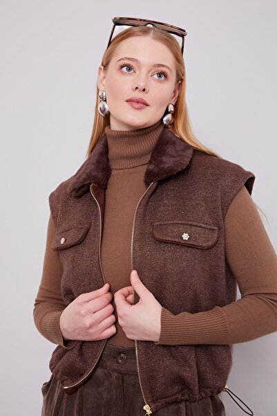 Levidor Brown Fur Collar Detailed Cashmere Vest