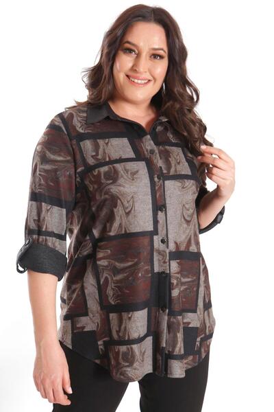 Metpoint Trend42Plus Large Size Digital Printed Leather Collar Brown Shirt