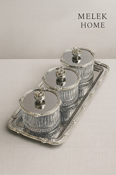 Paşabahçe Gül detaylı gümüş tepsili imramlık , Sunumluk