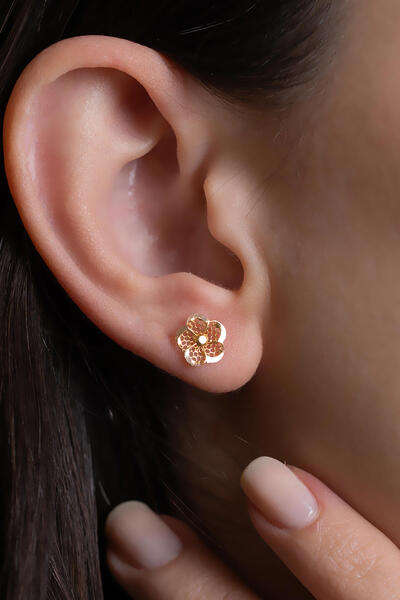 Bayar Gold 14 Ayar Altın Çiçek Detaylı Küpe