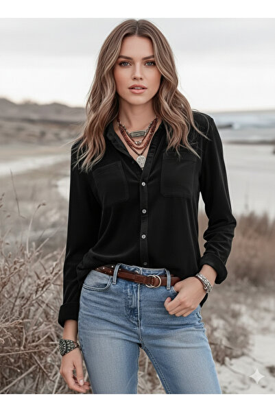 moda wanilia Kadın Kadife Gömlek- Düğmeli ve Cep Detaylı