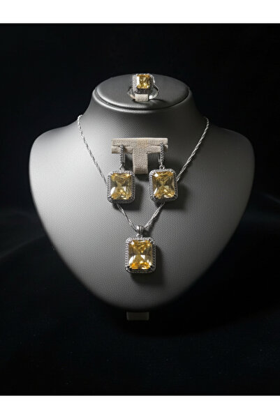 OSMANLI GÜMÜŞ Kadın Gümüş Kolye Küpe Yüzük Set - Kare Model Sarı Şampanya Zir...