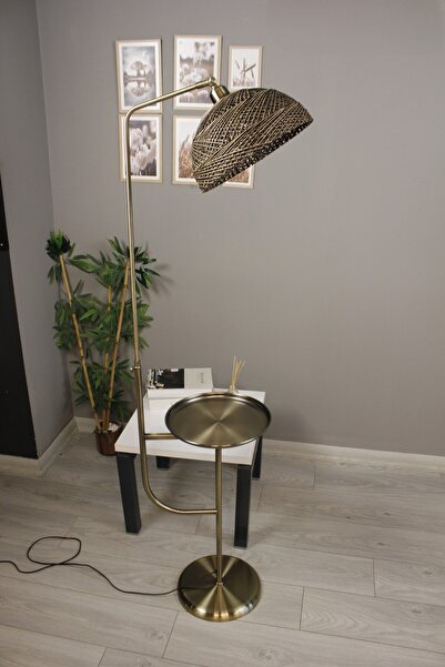 Bamyum Bohem Recycle İplik Jüt El Yapımı Alaca Kahve Lambader Hareketli Başlık Tepsili Metal Zemin Lambası