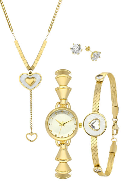 Forentina Gold Renk Kalp Kolye Bileklik Tektaş Küpe Saat Kombin PS4114