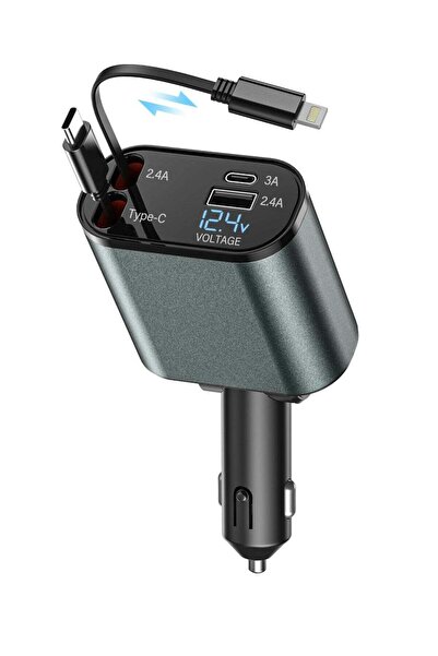 SP Car Charger 4-in-1 120W with Retractable Type-C & Lightning Cables