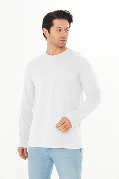 TRENDHİLL Plus Size Men's Cotton Crew Neck Long Sleeve T-Shirt White 5020B-B