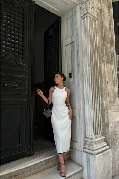 defnorabutik Siyah Halter Yaka Midi Elbise