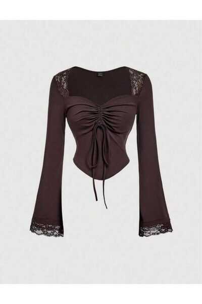 EVOA بلوزة نسائية بتفاصيل من التول البني