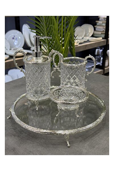 Doğudeko Silver Bathroom Set with Handle 4 Pieces