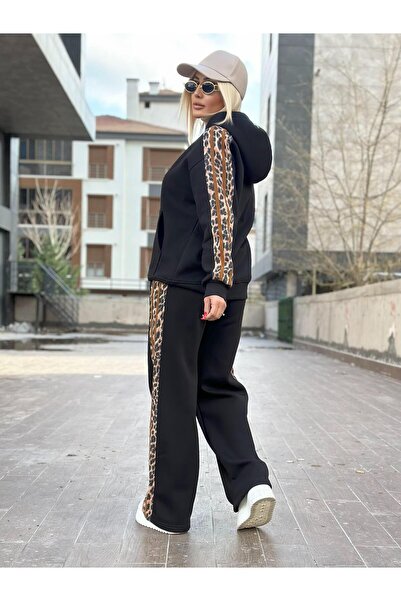 Kokoşum Butik 5835 Leopar Şeritli Taşlı Eşofman Takımı Siyah