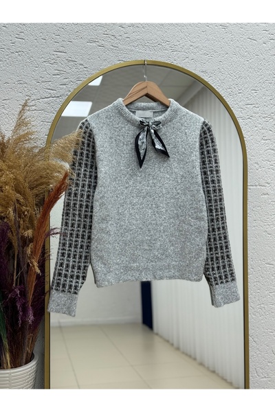 MİHRA STORE Πλεκτό πουλόβερ Ceren με καρό μοτίβο με κασκόλ-KR5070 Γκρι