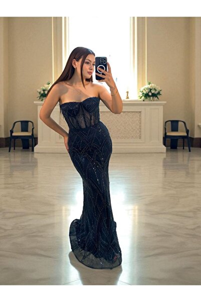 OLA Calis Straplez Transparan Korse Detaylı Lacivert Renk Balık Model Elbise