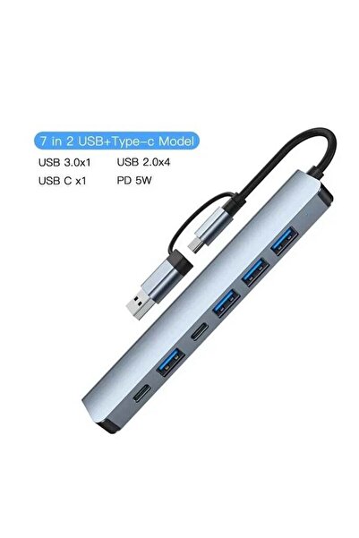 Digital Home موزع USB-C + USB Type-A 7 في 1 (منفذان USB-C، منفذ USB 3.0) متوا...