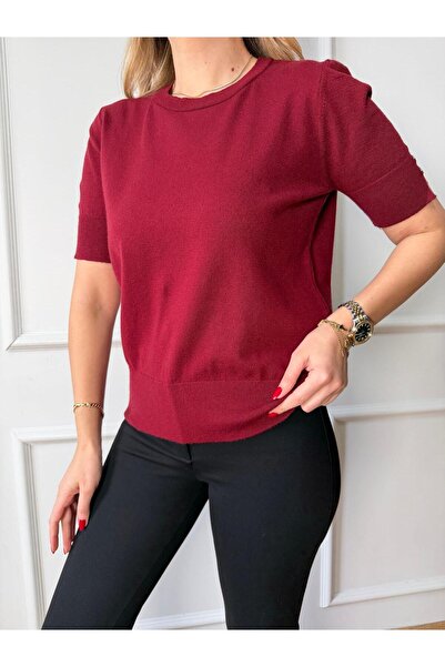 Size Özgü Bordo Yarım Kol Gold Düğmeli Triko