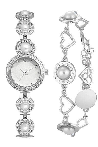 Forentina Gri Renk İncili Kol Saati-İnci Model Bileklik Set PS4131