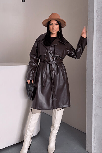 giyimmasalı Faux Leather Double-Breasted Belted Trench Coat - Dark Brown