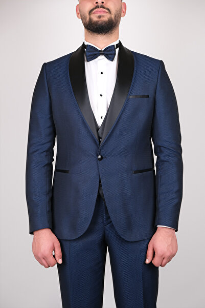 SERKAN SEVİNÇ Slim Fit Erkek Şal Yaka Desenli Smokin
