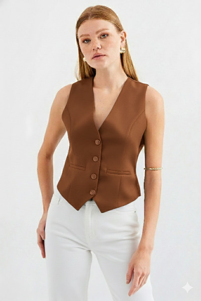 ribana سترة نسائية بقصة بأزرار على الجهتين وياقة على شكل V مفصلة بـ قصة ضيقة ...