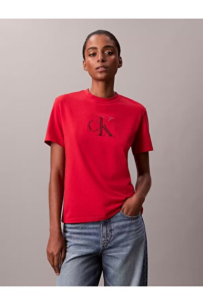 Calvin Klein Women's Short Sleeve Ck Letter Detail Crew Neck Red T-Shirt Lv044E215G-Vmt