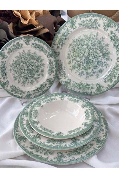 Kadim Vizyon Kosova Green Rosabella Vintage Porselen 24 Parça Yemek Takımı