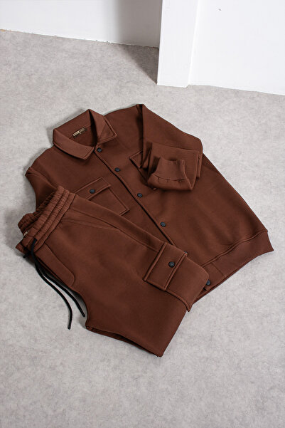 grand coco Erkek 3 İplik Şardonlu Kahverengi Açık Paçalı Kargo Cepli Eşofman ...