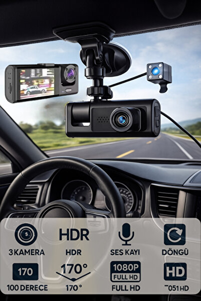 CROW'S TECH 1080P Dash Cam Full Hd Araç içi Kamera Ön Arka ve İç Kayıt 3 Kame...