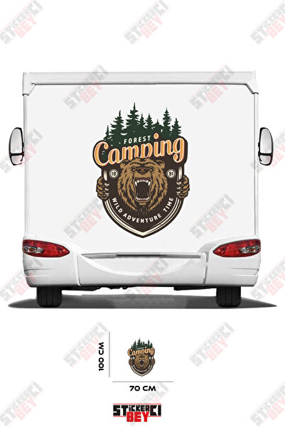STİCKERCI BEY ملصق كارافان بتصميم دب مع كتابة 'فوريست كامبينج'
