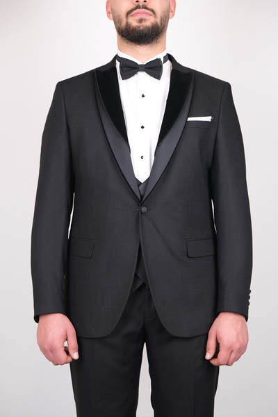 SERKAN SEVİNÇ Slim Fit Erkek Kadife Çift Yaka Dokulu Yelekli Smokin