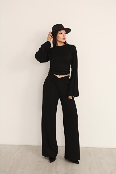 moda poni Γυναικείο Crop Top oversized και παντελόνι palazzo σετ