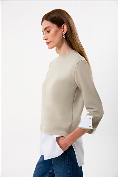 UNIQVIBE Organic Cotton Paneled Women's Beige Long Sleeve Blouse