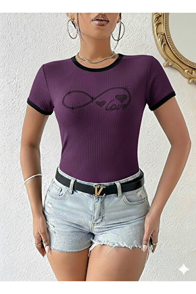 YUSUF CAN KARATAŞ KARATAŞ GİYİM Women's Purple Color Crew Neck Basic Slim Fit Short Sleeve Body Full Stretch Fabric Full Fit Length 55Cms