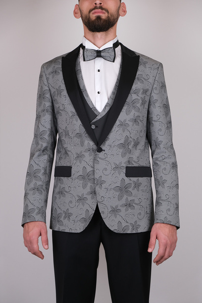 SERKAN SEVİNÇ Slim Fit Kırlangıç Yaka Desenli Yelekli Kombinli Smokin