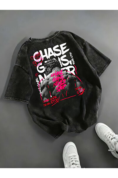 Freak Tshirt Black Color Chase Gains Printed Unisex Oversized Cut Washed Vintage T-Shirt