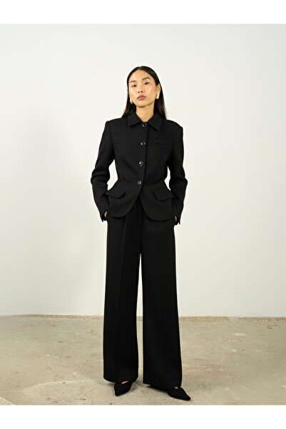 Juste Dokulu Pileli Palazzo Pantolon Siyah