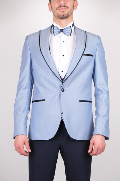 SERKAN SEVİNÇ Slim Fit Erkek Sivri Yaka Kombinli Armürlü Smokin