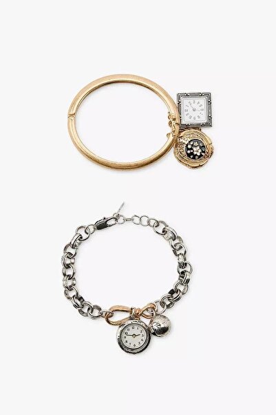 New Obsessions Decorative Clock Pendant Antique Silver Bracelet Set