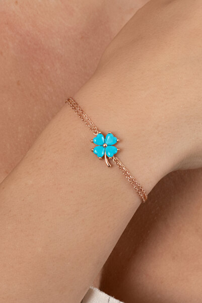 Söğütlü Silver 925 ayar gümüş bileklik rose turkuaz taşlı çift zincirli yonca...