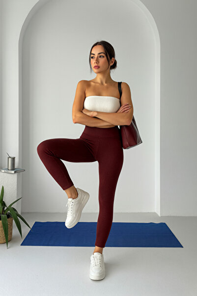 RAMİOR COLLECTION بنطال رياضي من قماش إنترلوك عالي الخصر يبرز انحناءات الجسم – بنطال رياضي مرن للياقة البدنية واليوجا (أحمر داكن)