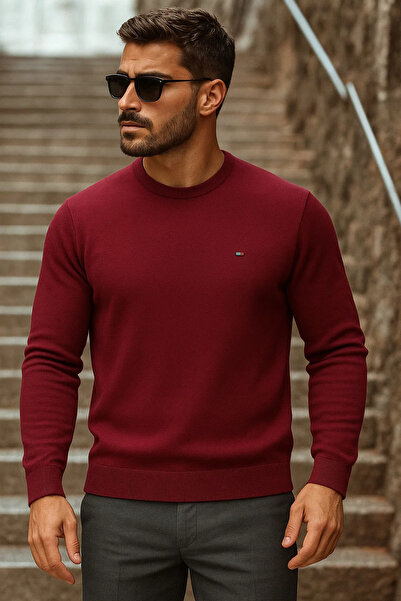 comstar سترة تريكو رجالية يومية بياقة دائرية باللون الأحمر الداكن