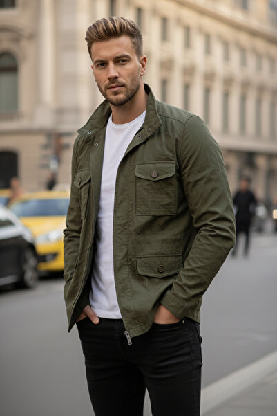 NAZEF Slim Fit Waist Adjustable Double Pocket Dark Green Thin Summer Coat