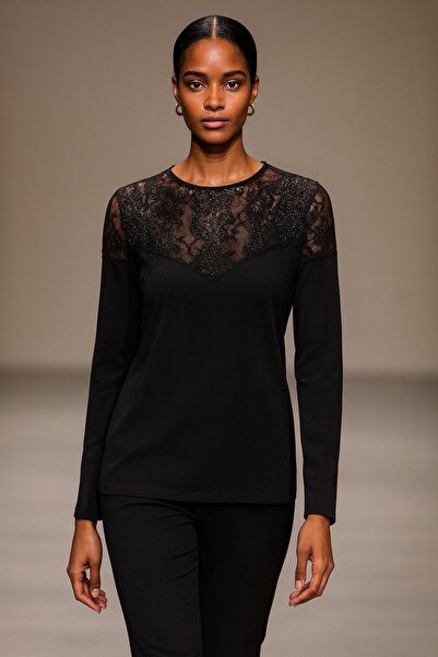 Gönülden Tasarım Guipure Beaded Black Women's Blouse Size 40