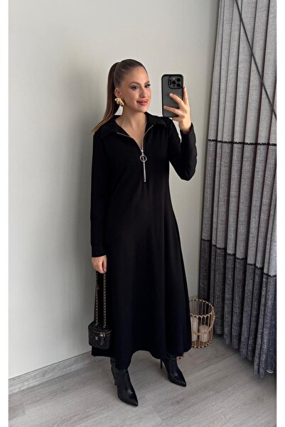 Miasista Uzun Kollu Fermuarlı Elbise