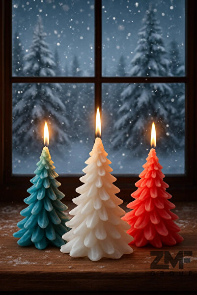 Cavelle Üçlü Yılbaşı Temalı Dekoratif Çam Ağacı Mum Kırmızı Yeşil Beyaz